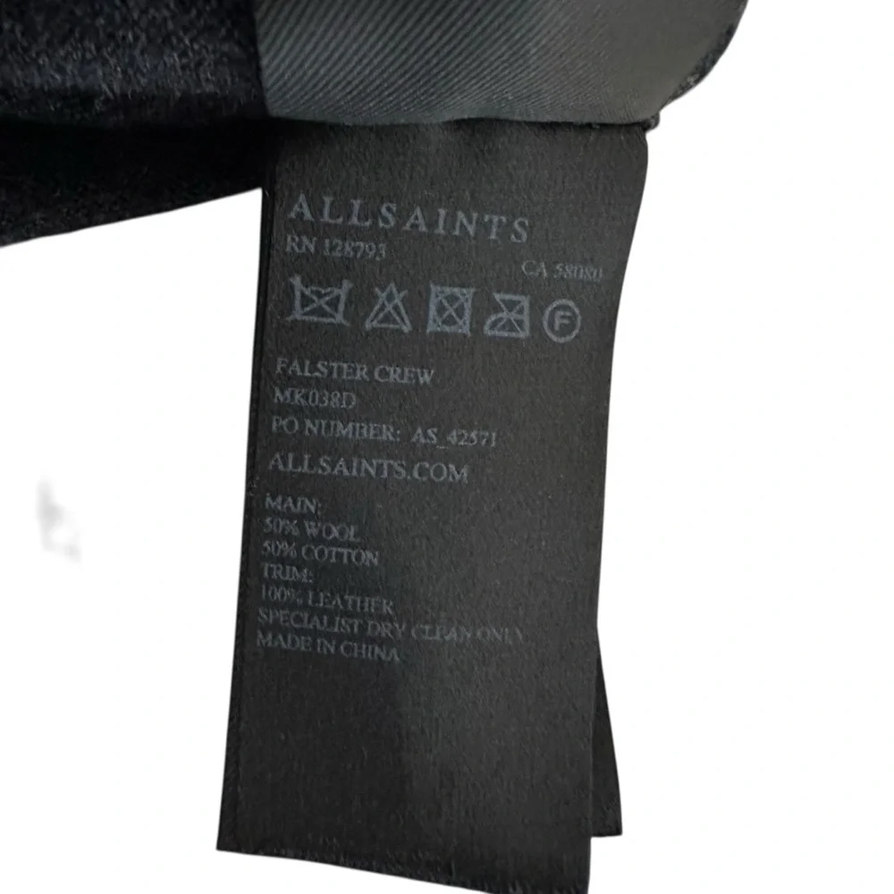 AllSaints Falster Mens Crew Wool Blend Sweater XXL Dark Gray Leather Details